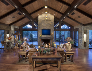 Northern Exposure | Great Room View 2 This mountain lodge embraces prairie style architecture creating a rustic retreat at The Rim Golf Club Architecture by CP Drewett Drewett Works Scottsdale AZ