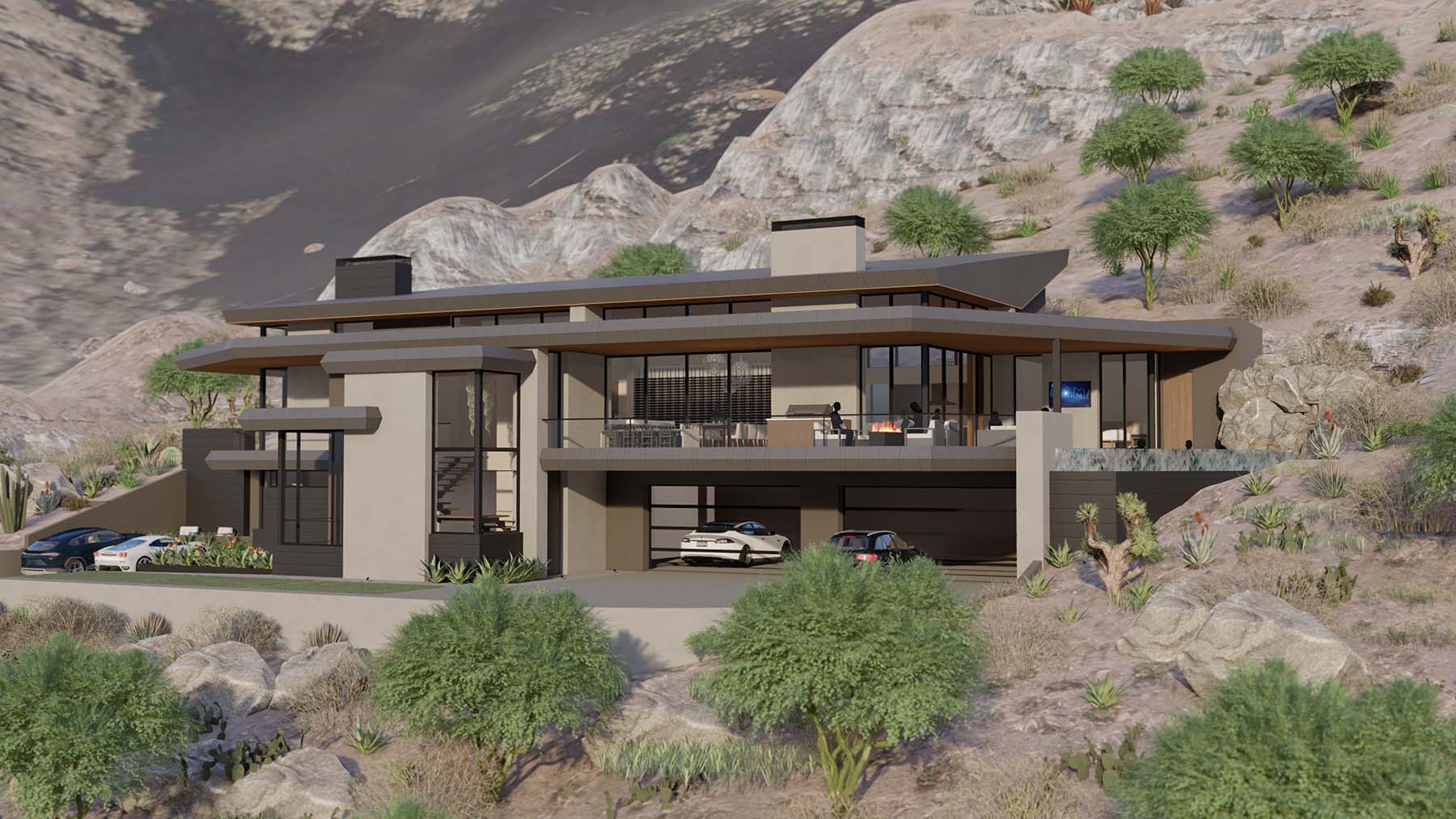Set into the mountainside, this spec home melds into its setting.